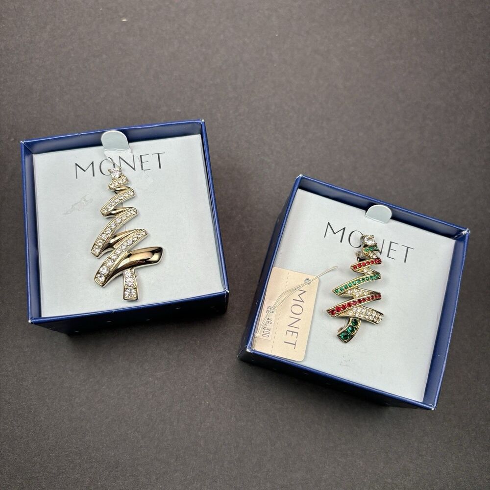Monet Christmas Tree Brooch Pin Lot of 2 NOS With Original Boxes Rhinestone